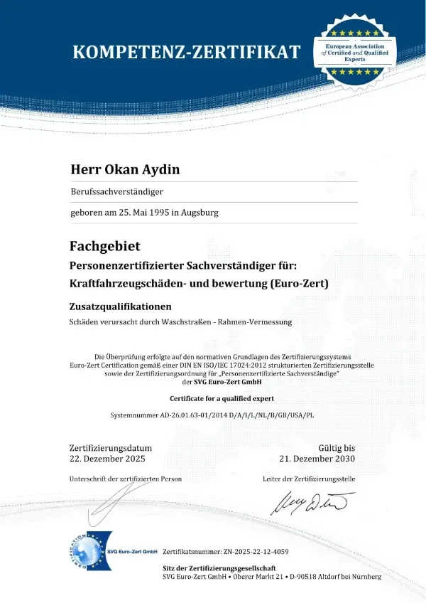 Kompetenz-Zertifikat Euro-Zert für Okan Aydin