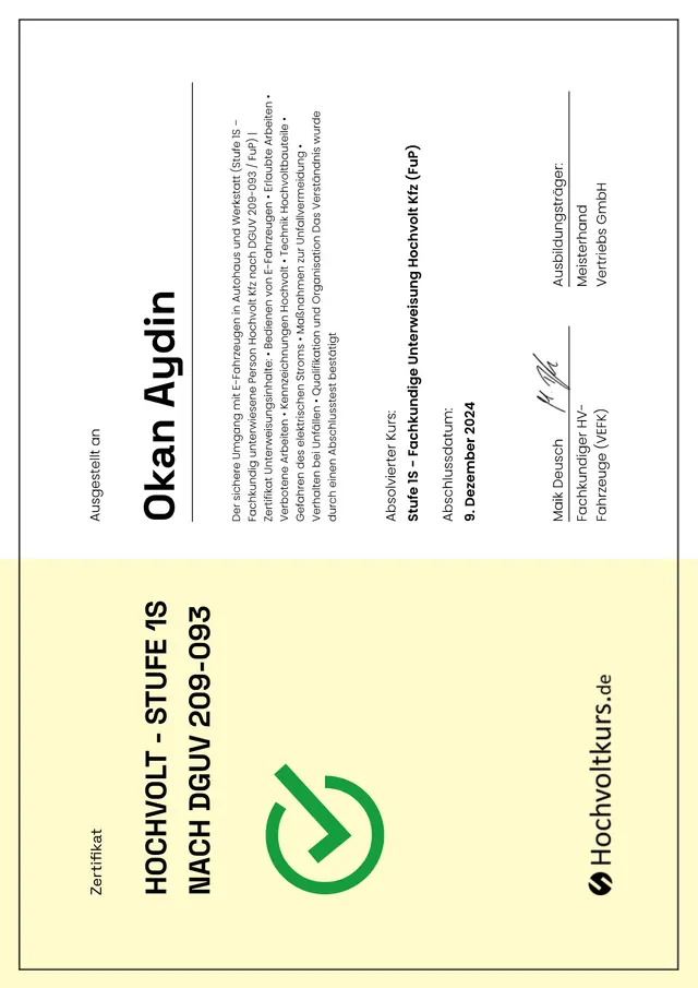 Hochvolt Stufe 1S - fachkundig unterwiesene Person (DGUV 209-093) – Nachweis von Okan Aydin