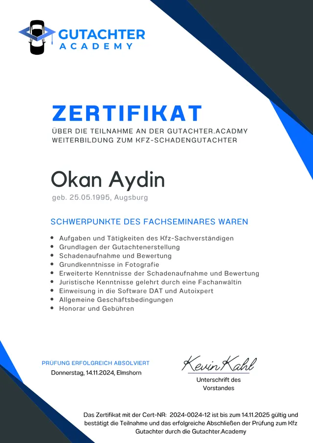 Weiterbildung zum Kfz-Schadengutachter - Prüfung bestanden – Nachweis von Okan Aydin (persönliche Angaben geschwärzt)