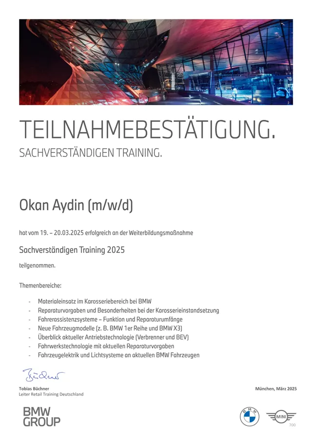Sachverständigen-Training – Nachweis von Okan Aydin