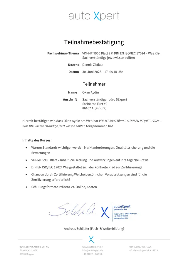 VDI-MT 5900 Blatt 2 und DIN EN ISO/IEC 17024 – Nachweis von Okan Aydin