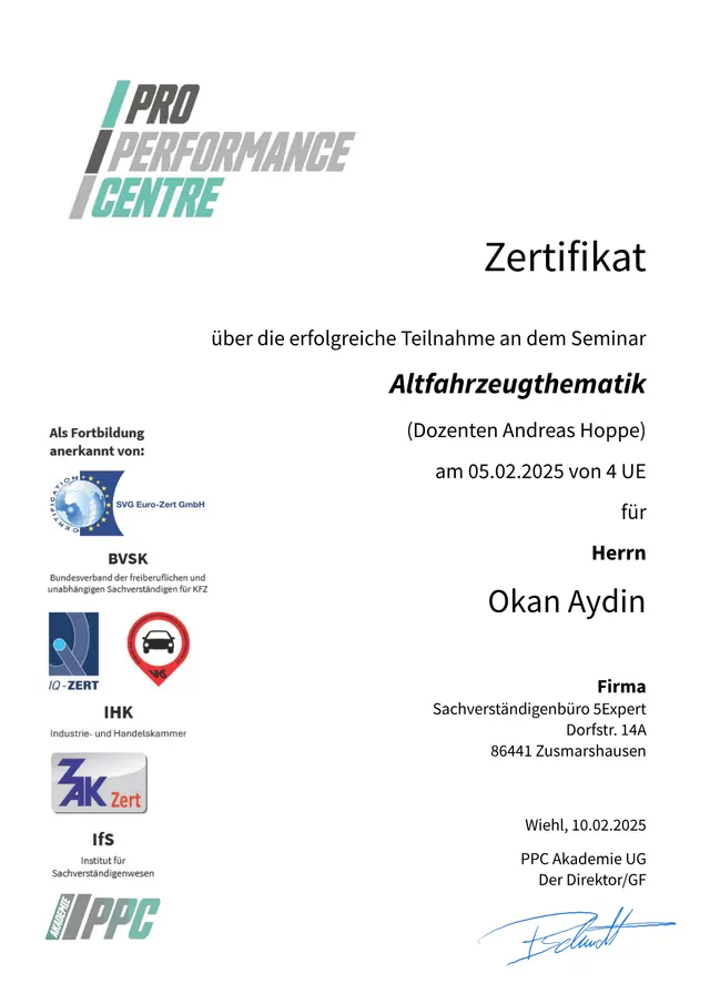 Altfahrzeugthematik – Nachweis von Okan Aydin (persönliche Angaben geschwärzt)
