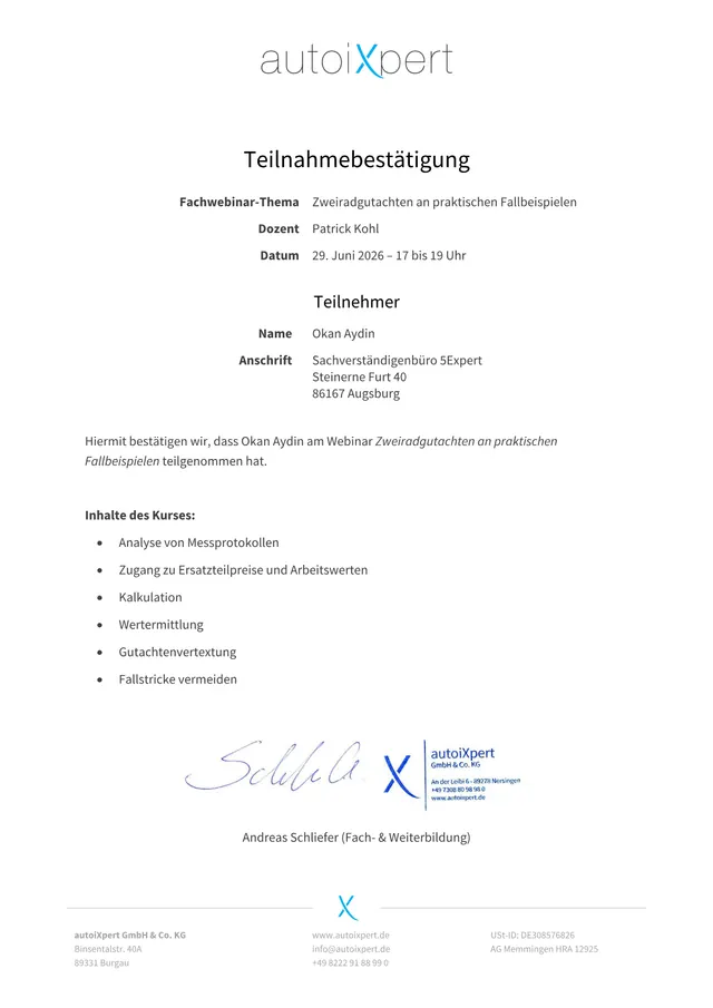 Zweiradgutachten an praktischen Fallbeispielen – Nachweis von Okan Aydin